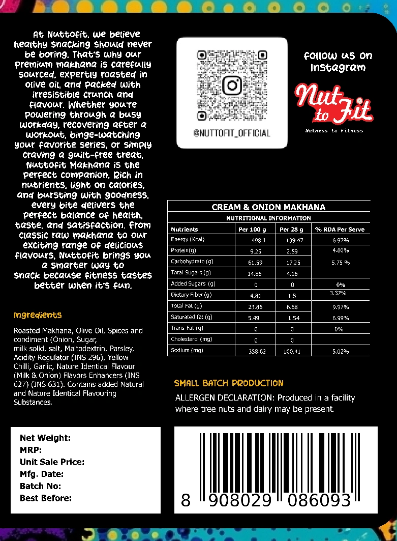 Cream & Onion original ingredient list, nutrition table and allergen declaration