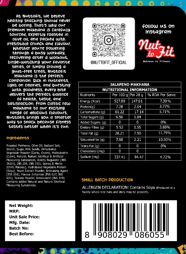 Jalapeño original ingredient list, nutrition table and allergen declaration