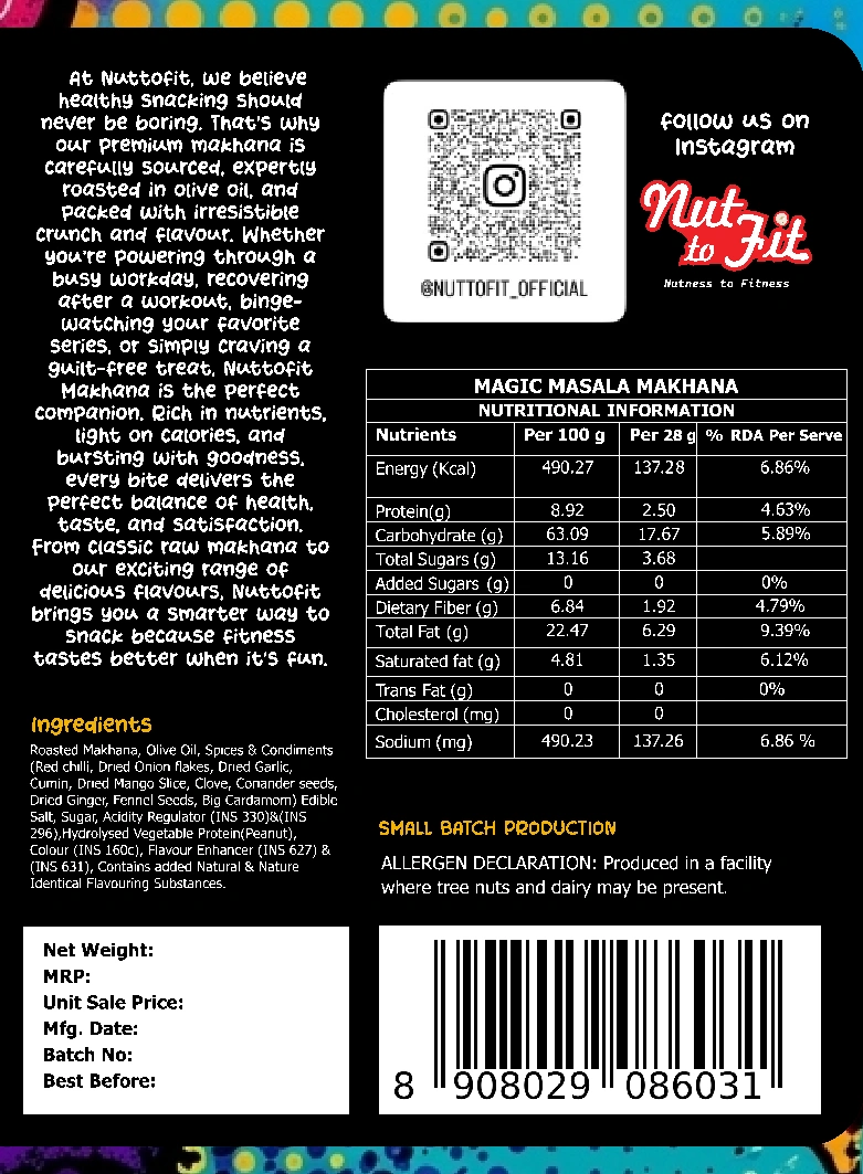 Magic Masala original ingredient list, nutrition table and allergen declaration