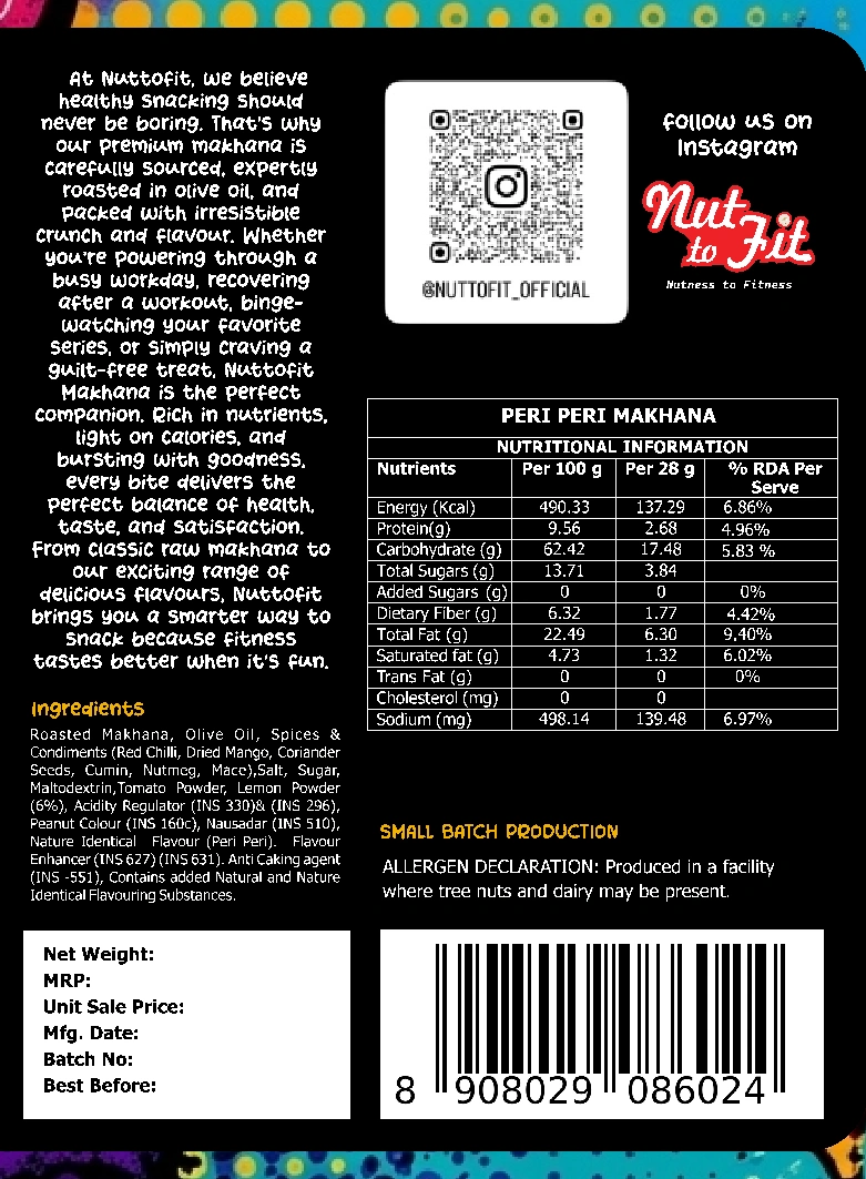 Peri Peri original ingredient list, nutrition table and allergen declaration